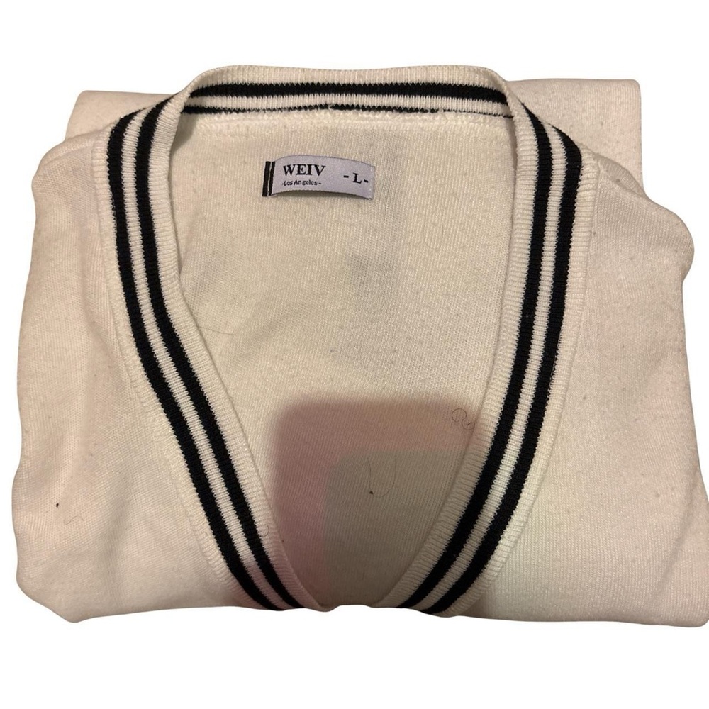 Men's V-Neck Sweater - White with Black Stripes